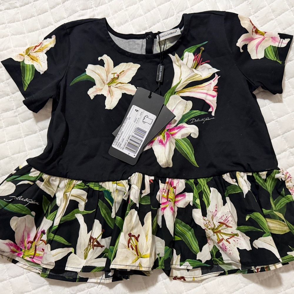 Dolce & Gabbana Theme Black Floral Tee with White and Pink Lilies. New with tag.